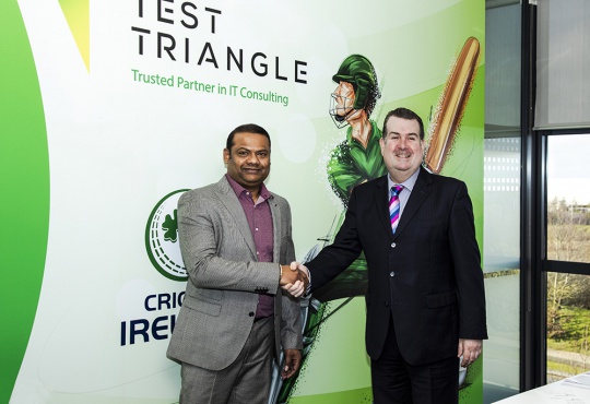 Praveen Madire (Test Triangle) and Dennis Cousins (Cricket Ireland)
